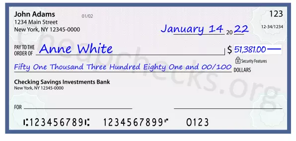 Fifty One Thousand Three Hundred Eighty One and 00/100 filled out on a check