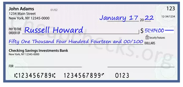 Fifty One Thousand Four Hundred Fourteen and 00/100 filled out on a check