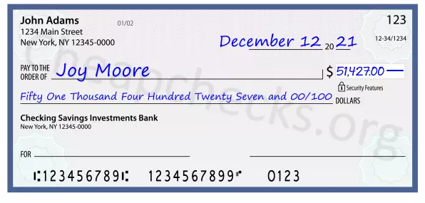 Fifty One Thousand Four Hundred Twenty Seven and 00/100 filled out on a check