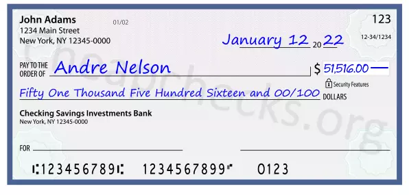 Fifty One Thousand Five Hundred Sixteen and 00/100 filled out on a check