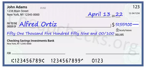 Fifty One Thousand Five Hundred Fifty Nine and 00/100 filled out on a check