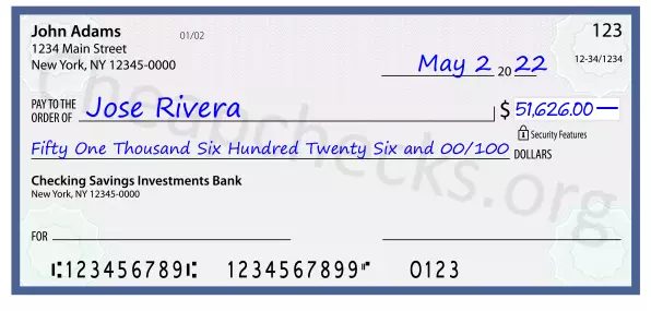 Fifty One Thousand Six Hundred Twenty Six and 00/100 filled out on a check