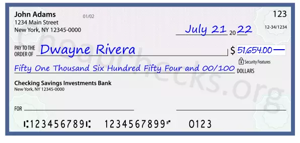 Fifty One Thousand Six Hundred Fifty Four and 00/100 filled out on a check