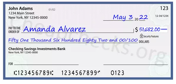 Fifty One Thousand Six Hundred Eighty Two and 00/100 filled out on a check