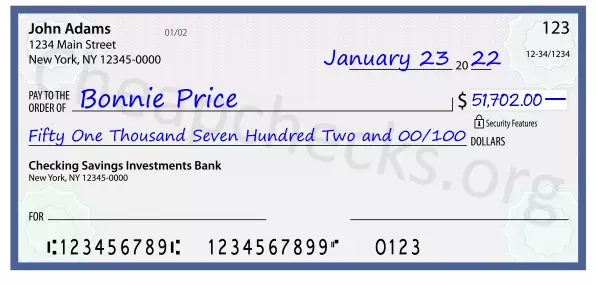 Fifty One Thousand Seven Hundred Two and 00/100 filled out on a check