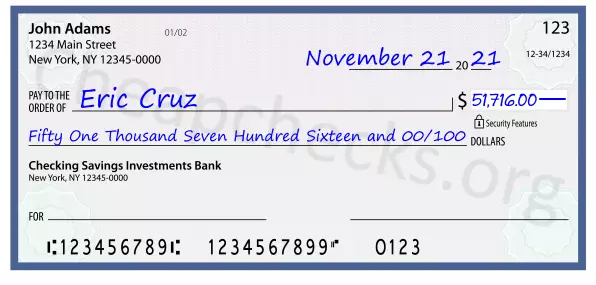 Fifty One Thousand Seven Hundred Sixteen and 00/100 filled out on a check