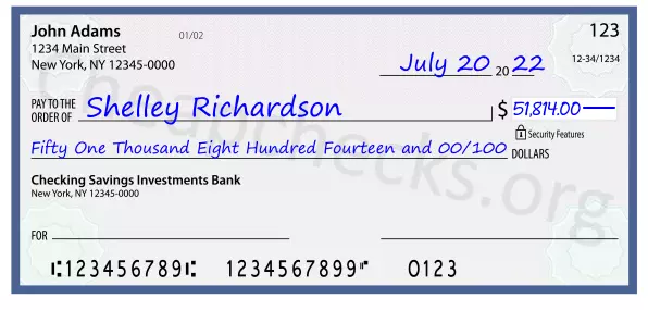 Fifty One Thousand Eight Hundred Fourteen and 00/100 filled out on a check