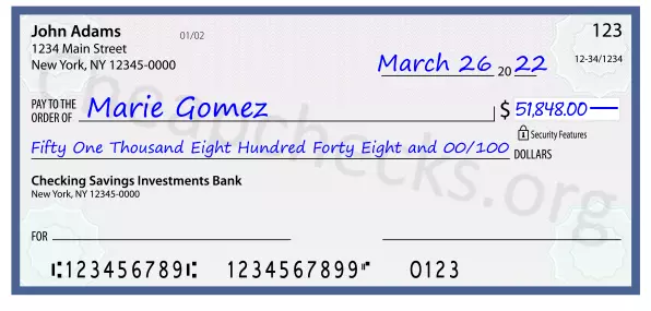 Fifty One Thousand Eight Hundred Forty Eight and 00/100 filled out on a check