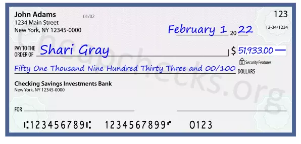 Fifty One Thousand Nine Hundred Thirty Three and 00/100 filled out on a check