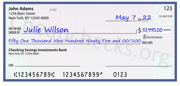 Fifty One Thousand Nine Hundred Ninety Five and 00/100 filled out on a check