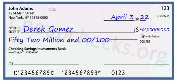 Fifty Two Million and 00/100 filled out on a check