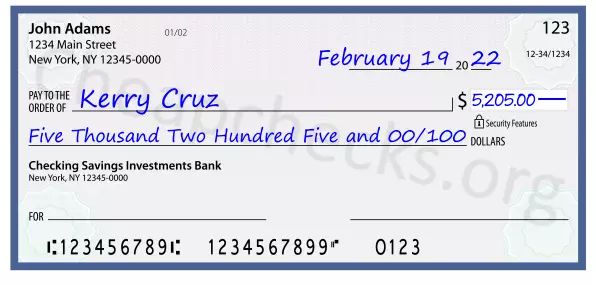 Five Thousand Two Hundred Five and 00/100 filled out on a check