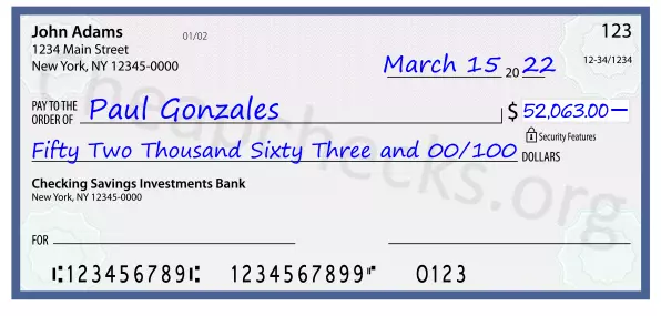 Fifty Two Thousand Sixty Three and 00/100 filled out on a check