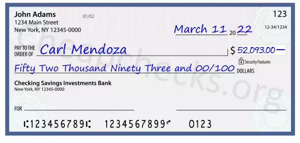 Fifty Two Thousand Ninety Three and 00/100 filled out on a check