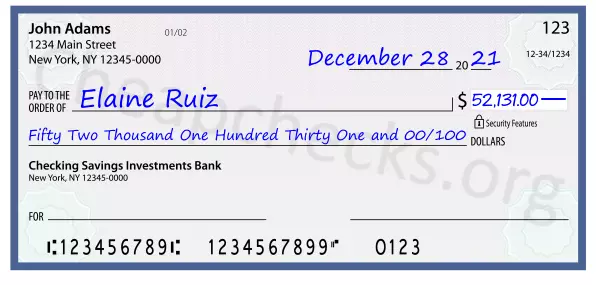 Fifty Two Thousand One Hundred Thirty One and 00/100 filled out on a check