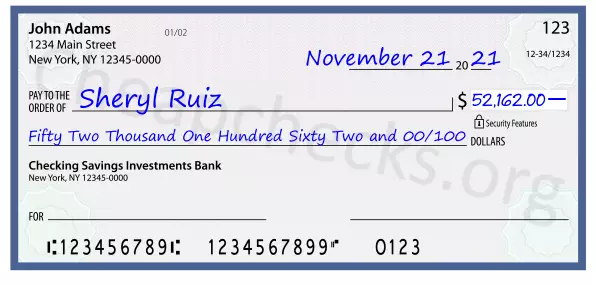 Fifty Two Thousand One Hundred Sixty Two and 00/100 filled out on a check