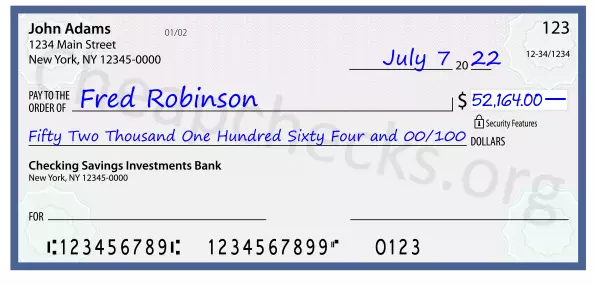 Fifty Two Thousand One Hundred Sixty Four and 00/100 filled out on a check