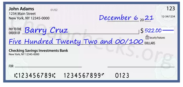 Five Hundred Twenty Two and 00/100 filled out on a check