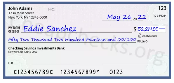 Fifty Two Thousand Two Hundred Fourteen and 00/100 filled out on a check