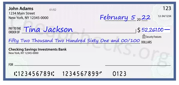 Fifty Two Thousand Two Hundred Sixty One and 00/100 filled out on a check