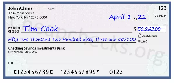 Fifty Two Thousand Two Hundred Sixty Three and 00/100 filled out on a check