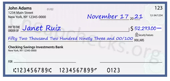 Fifty Two Thousand Two Hundred Ninety Three and 00/100 filled out on a check