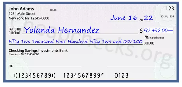 Fifty Two Thousand Four Hundred Fifty Two and 00/100 filled out on a check