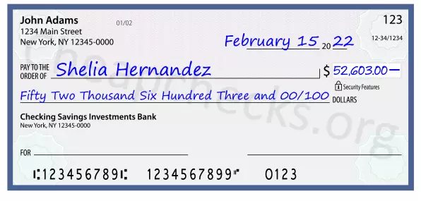 Fifty Two Thousand Six Hundred Three and 00/100 filled out on a check