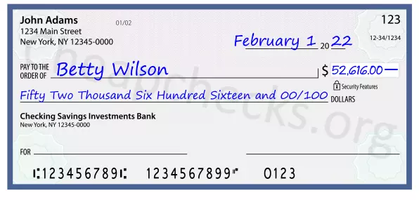 Fifty Two Thousand Six Hundred Sixteen and 00/100 filled out on a check