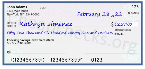 Fifty Two Thousand Six Hundred Ninety One and 00/100 filled out on a check