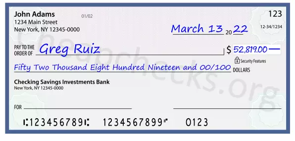 Fifty Two Thousand Eight Hundred Nineteen and 00/100 filled out on a check