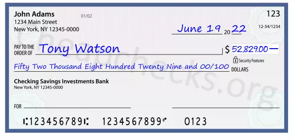 Fifty Two Thousand Eight Hundred Twenty Nine and 00/100 filled out on a check