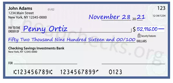 Fifty Two Thousand Nine Hundred Sixteen and 00/100 filled out on a check