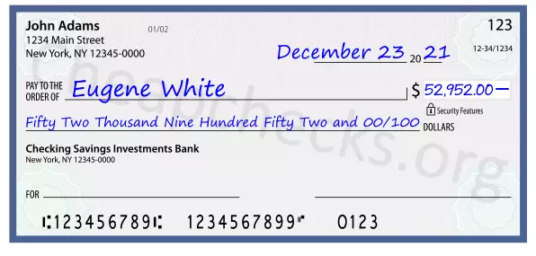 Fifty Two Thousand Nine Hundred Fifty Two and 00/100 filled out on a check