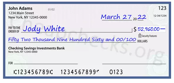 Fifty Two Thousand Nine Hundred Sixty and 00/100 filled out on a check