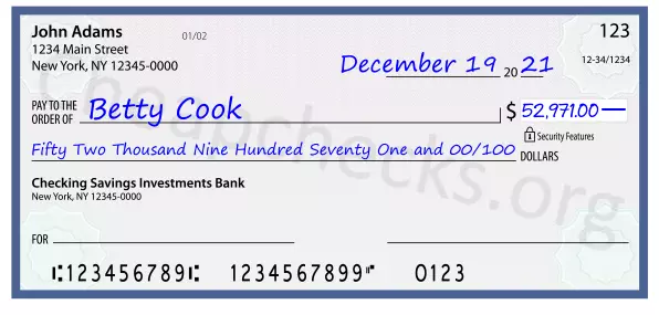 Fifty Two Thousand Nine Hundred Seventy One and 00/100 filled out on a check