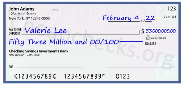 Fifty Three Million and 00/100 filled out on a check