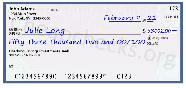 Fifty Three Thousand Two and 00/100 filled out on a check