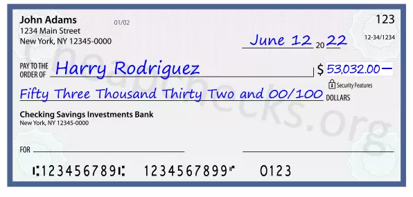 Fifty Three Thousand Thirty Two and 00/100 filled out on a check