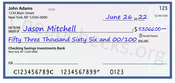 Fifty Three Thousand Sixty Six and 00/100 filled out on a check