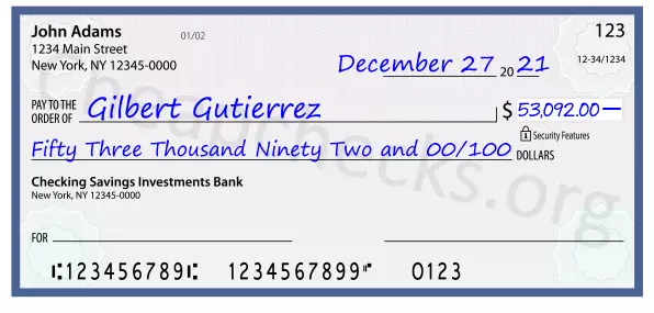 Fifty Three Thousand Ninety Two and 00/100 filled out on a check