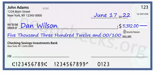 Five Thousand Three Hundred Twelve and 00/100 filled out on a check