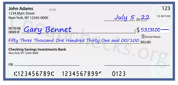 Fifty Three Thousand One Hundred Thirty One and 00/100 filled out on a check