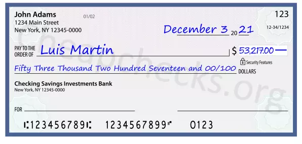 Fifty Three Thousand Two Hundred Seventeen and 00/100 filled out on a check