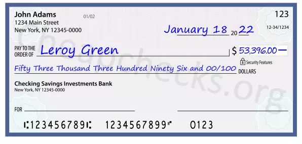 Fifty Three Thousand Three Hundred Ninety Six and 00/100 filled out on a check