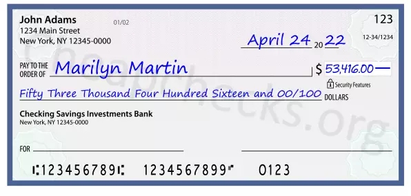 Fifty Three Thousand Four Hundred Sixteen and 00/100 filled out on a check