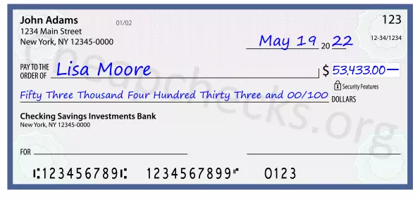 Fifty Three Thousand Four Hundred Thirty Three and 00/100 filled out on a check