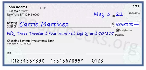 Fifty Three Thousand Four Hundred Eighty and 00/100 filled out on a check