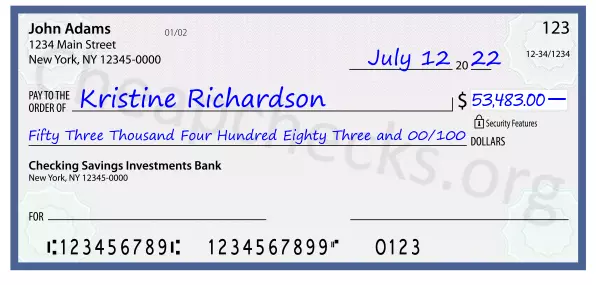 Fifty Three Thousand Four Hundred Eighty Three and 00/100 filled out on a check