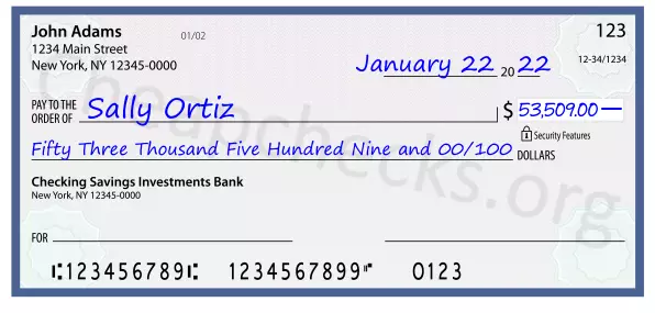 Fifty Three Thousand Five Hundred Nine and 00/100 filled out on a check